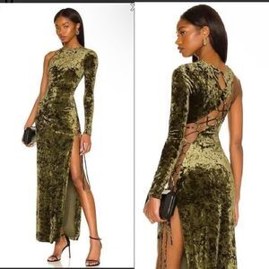 Camila Coelho Revolve Gabriel Maxi Olive Green crushed velvet lace up dress S